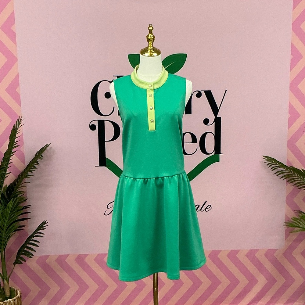 Green Sleeveless Dress with Contrasting Yellow Placket